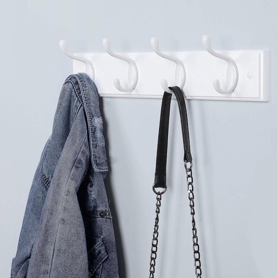 Kapstok Wandgarderobe met 4 dubbele haken van metaal Entree Garderobe voor tas jassen Hal Woonkamer Slaapkamer Wit