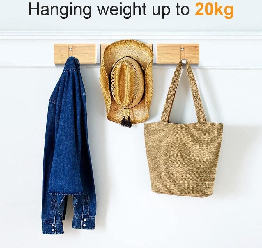 Bamboe wandgemonteerde kapstokhaken maximaal 20 kg hangend gewicht natuurlijke muurkleerhanger met 5 haken zilveren opvouwbare haak kapstok hangend met plank