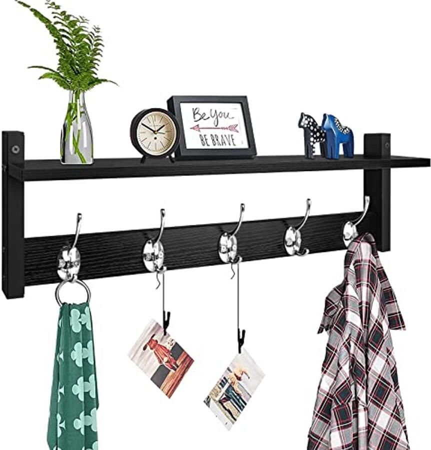 Kapstok Wandhouder met Plank en Haken 60 cm Houten Entree Plank voor Kleding Hoeden en Handdoeken