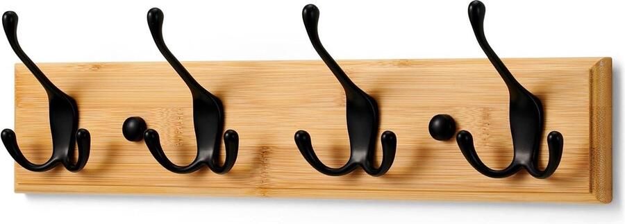 Kapstok Wandkapstok Hout met 4 Zwarte Haken 42 cm Muurbevestiging