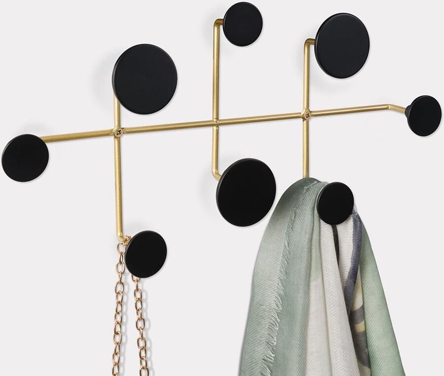 Kapstok Wandkapstok Metaal Goud 8 Zwarte Ronde Knoppen L 44 x B 21 x D 5 cm