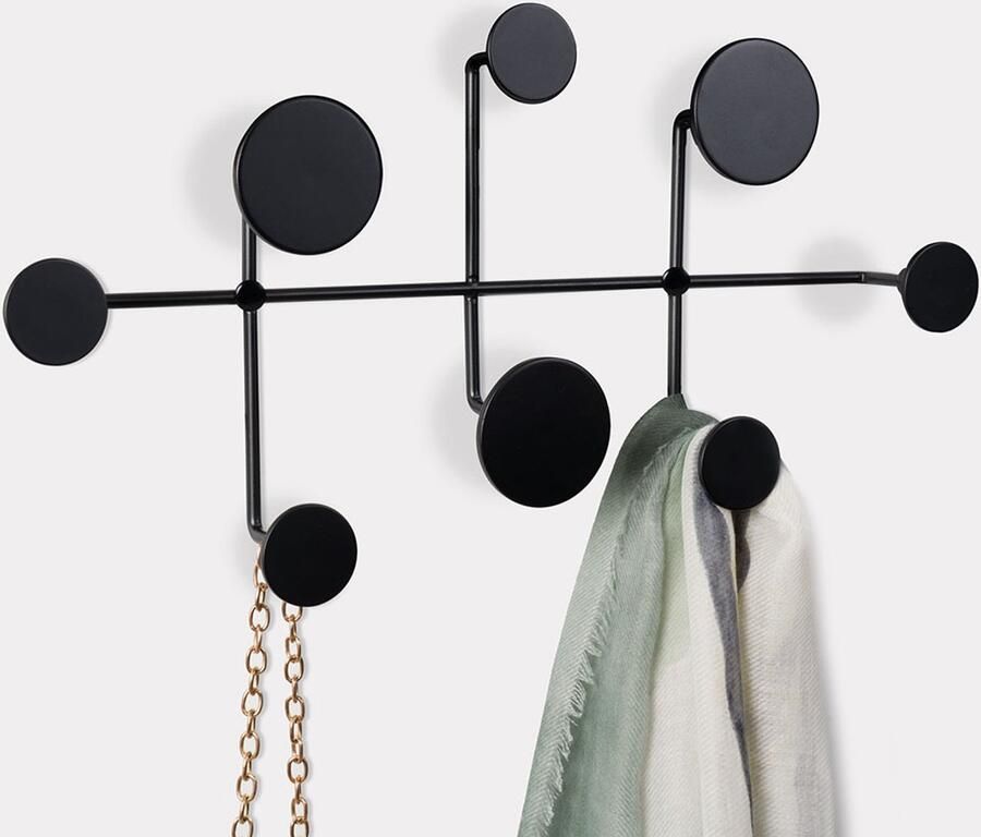 Kapstok Wandkapstok Metaal Zwart 8 Zwarte Ronde Knoppen L 44 x B 21 x D 5 cm