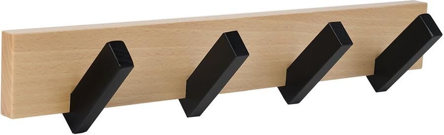 Kapstok Wandkapstok Naturel Beukenhout 4 Schuine Zwarte Blokhaakjes 40 4 x 8 x 8 cm