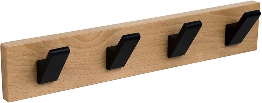 Kapstok Wandkapstok Naturel Beukenhout Met 4 Zwarte Metalen Schuine Haken 400 x 7 x 5 6 cm