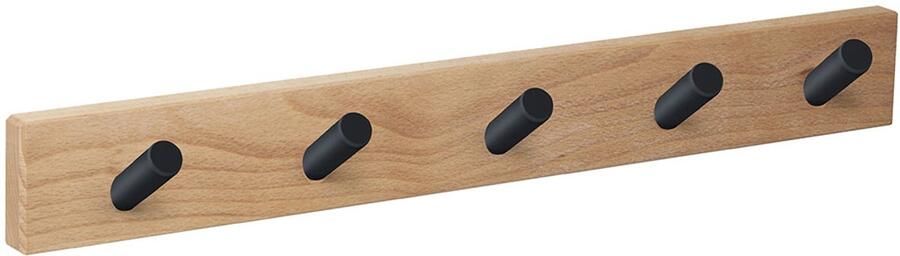 Kapstok Wandkapstok Naturel Hout Met 5 Zwarte Haakjes Cilinder 50 x 5 x 6 cm