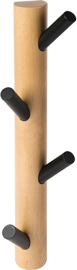 Kapstok Wandkapstok Verticaal Naturel Beukenhout 4 Zwarte Haken L 40 x B 10 x D 7 cm