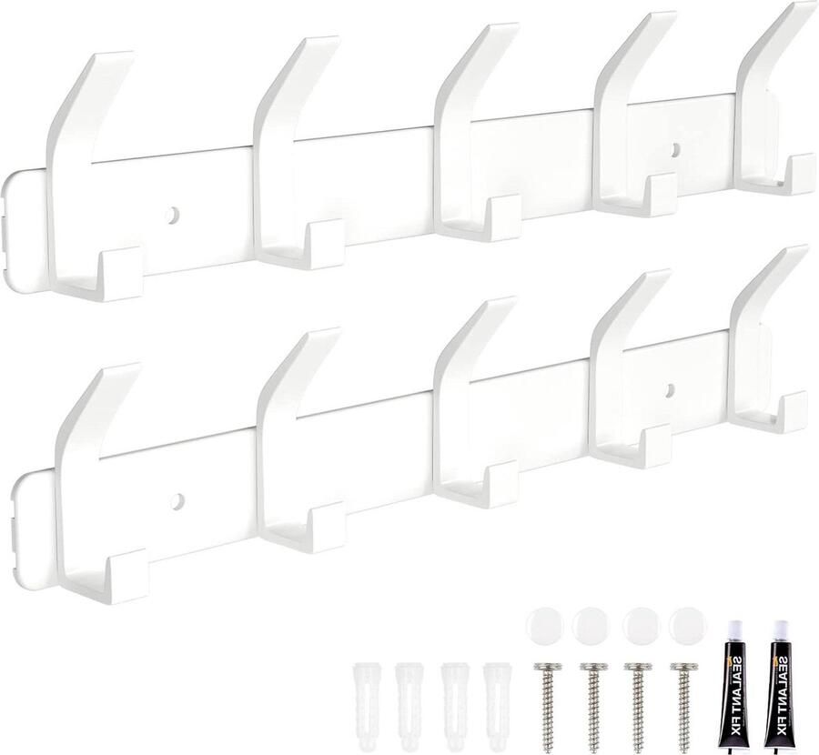 Kapstok Hangend Wandgarderobe 2 pakketten haken badkamer met 5 haken hangend aan deur wit