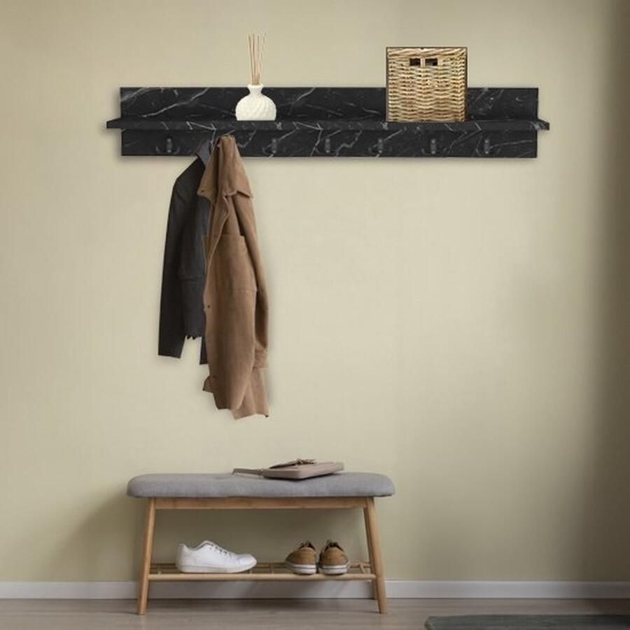 Kapstok Wandkapstok Wandplank Muur Hanger Modern Stijl Kapstok Natuurlijk Hout Houten Kleerhanger MDF Zwart en Marmer 7x2 Haken 106 cm