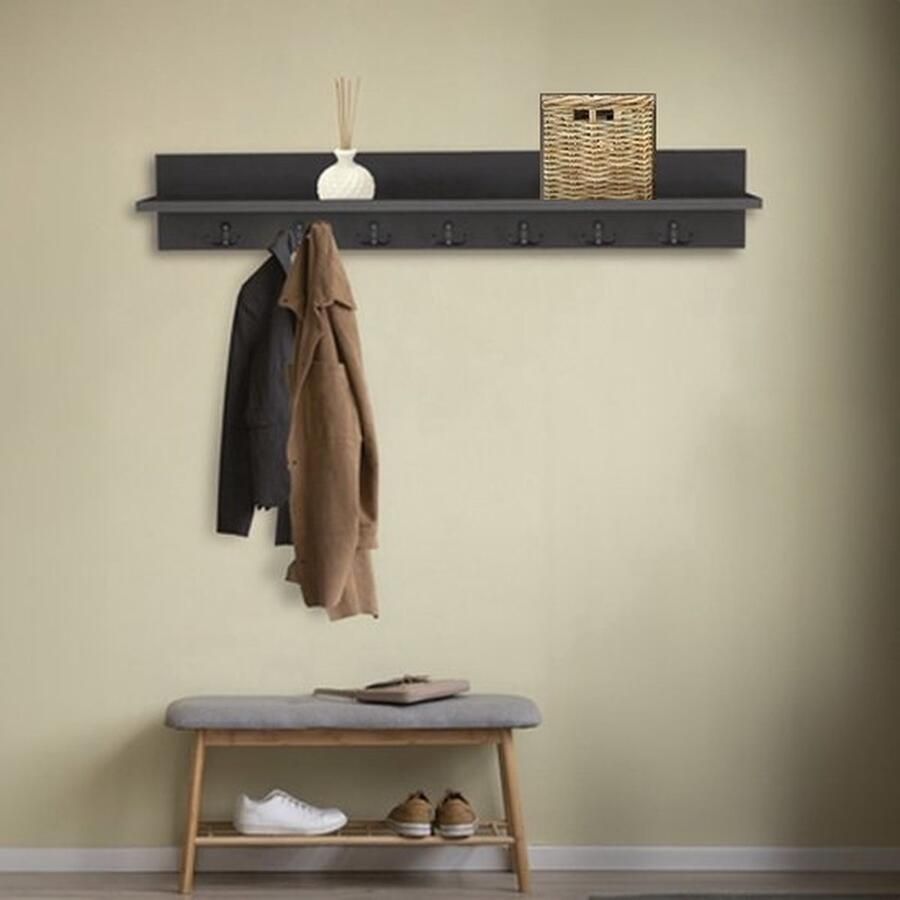 Kapstok Wandkapstok Wandplank Muur Hanger Modern Stijl Kapstok Natuurlijk Hout Houten Kleerhanger MDF Antraciet 7x2 Haken 106 cm