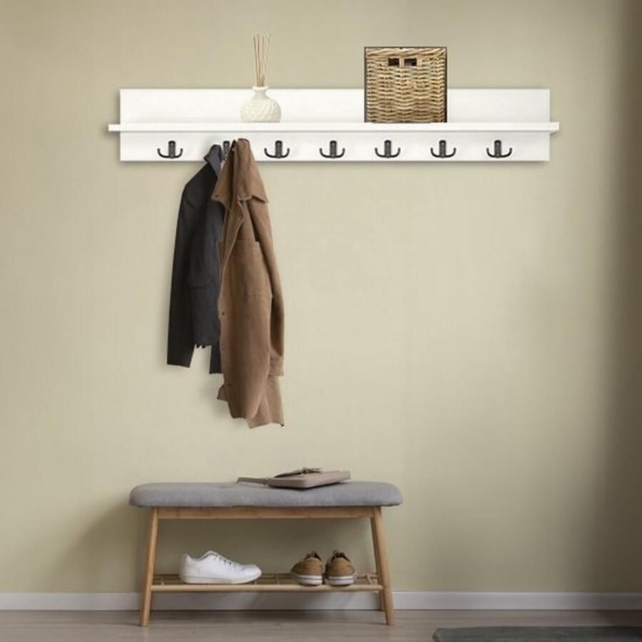 Kapstok Wandkapstok Wandplank Muur Hanger Modern Stijl Kapstok Natuurlijk Hout Houten Kleerhanger MDF Wit 7x2 Haken 106 cm