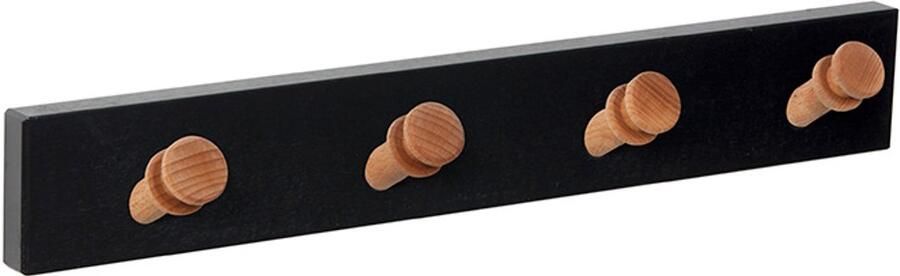 Kapstok Wandkapstok Zwart 4 Naturel Houten Haakjes met Ribbel 40 x 5 x 6 cm