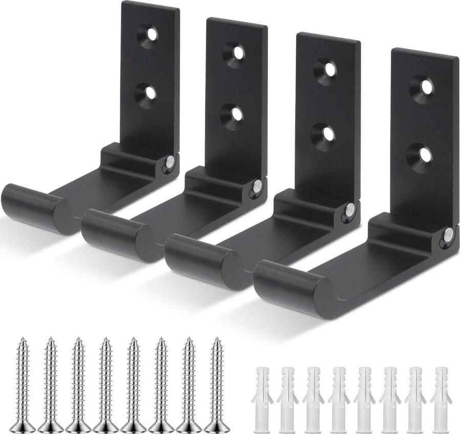 Kapstok Wandmontage 4 Delige Opvouwbare Muurhaak Aluminium Wally Haak Headset Muurhanger Schroeven Stompe Hoekontwerp Muurhaken voor Tassen Jashanddoek (Zwart)