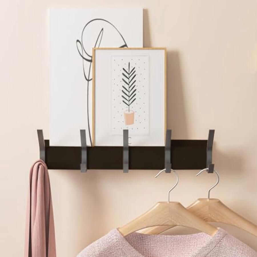 Kapstok wandmontage met 5 afneembare haken Houten wandhaak zwart voor hoeden sleutels rugzakken en handdoeken