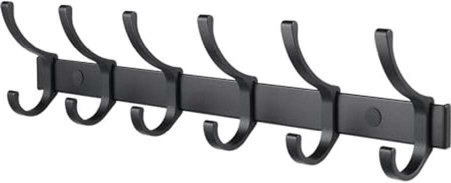Kapstok wandmontage met 6 dubbele haken Heavy Duty Aluminium legering Metalen kapstok hanger (mat zwart)