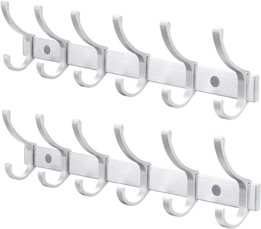 Kapstok Wandmontage met 6 Dubbele Haken Heavy Duty Aluminium Metalen Kapstok Hanger voor Entree & Badkamer Geborsteld Zilver