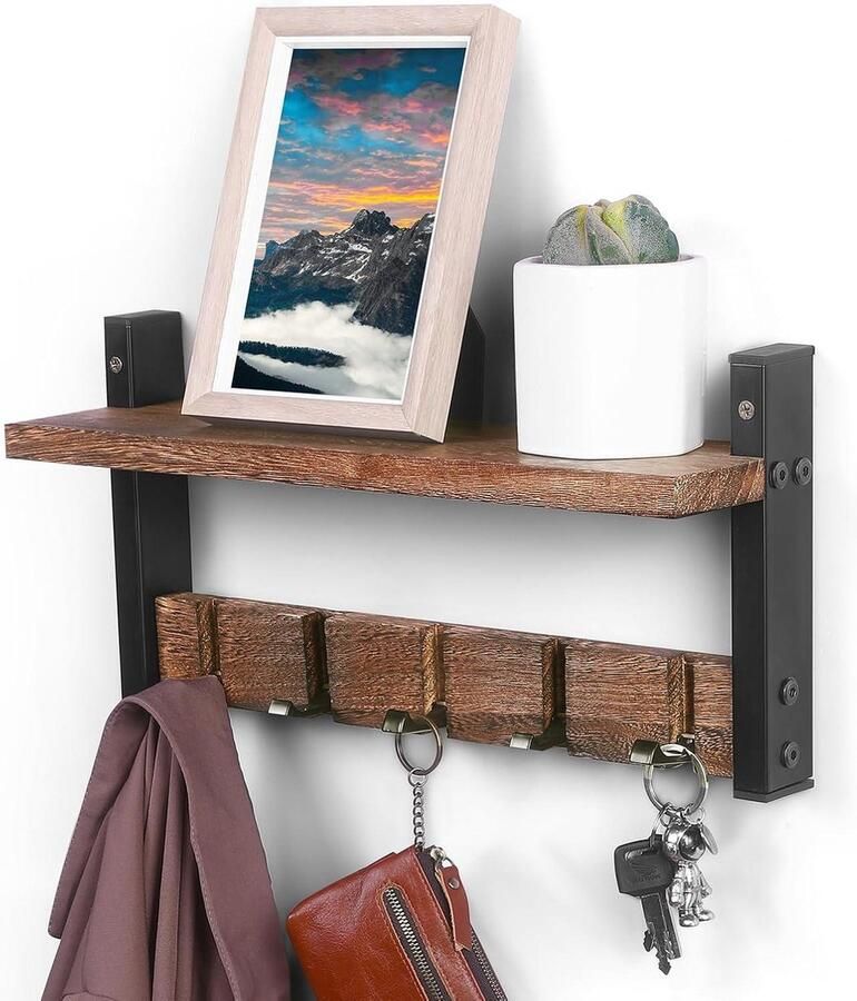 Kapstok Wandmontage met Plank 406 cm Draaibare Wandhaken Rustiek Hout en Versterkt IJzer Entree Woonkamer Slaapkamer Badkamer kapstok hangend met plank