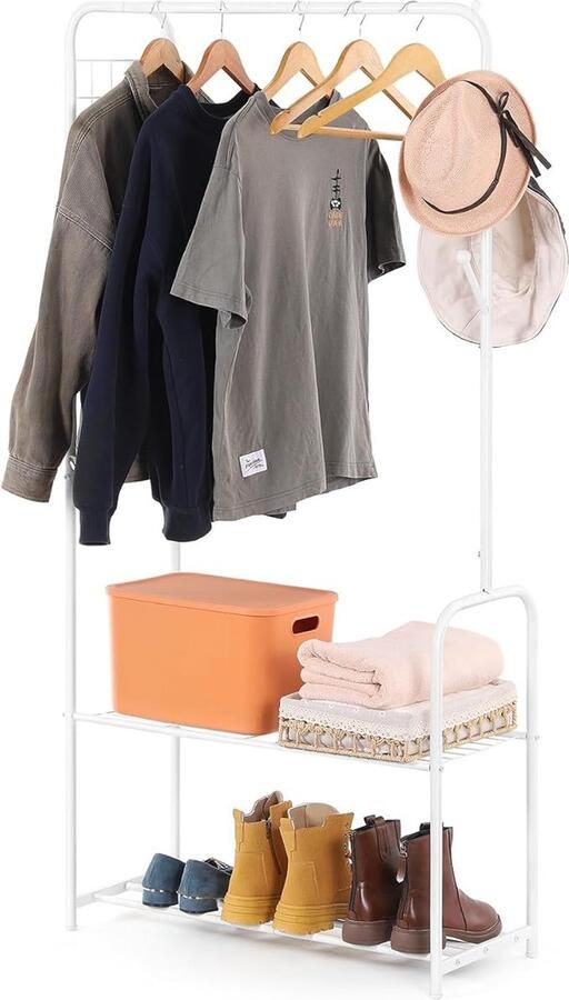 Kapstok wit kledingstandaard van metaal vrijstaande kledingstang met 2 planken voor schoenen en dozen minimalistisch kledingrek stabiel voor thuis slaapkamer woonkamer