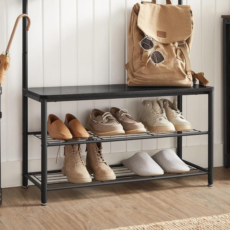 Kapstok XL met 11 kapstokjes en schoenenrek met zitvlak garderobeset van hout en metaal in industrieel design kledingrek afmetingen B 85 x H 175 x D 32 cm zwart