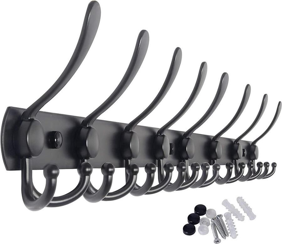 Kapstok Zwart 8 x 3 haken 75cm Wandkapstok Muur Kapstok Hangende Design Handdoekrek Mat inclusief bevestigingsmaterialen hook coat rack wall mounted