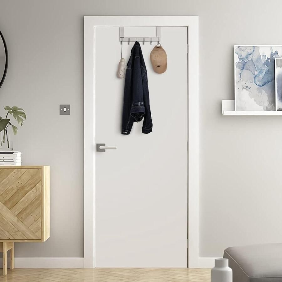 Kapstokhaak deur RVS V2A deurkapstok om op te hangen met 6 haken garderobehaakstrip voor keuken badkamer slaapkamer garderobehaak Geen boren nodig voor deursponningdiktes tot 2cm
