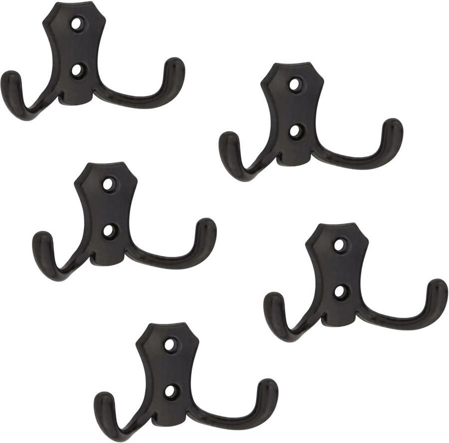 Kapstokhaak met 2 haken 5 stuks mat zwart wandkapstok jashaak kledinghaak incl. zwarte schroeven