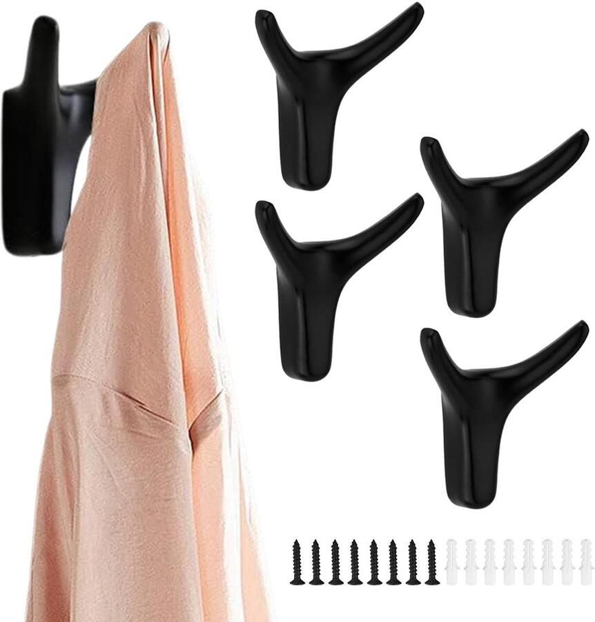 Kapstokhaken 4 stuks zwarte dubbele wandhaken kapstokhaken wandgemonteerde kapstokhaken handdoekhaken van zinklegering ideaal voor kapstokhaken badkamer keuken kantoor met schroeven (zwart maat: 65 * 62 mm)