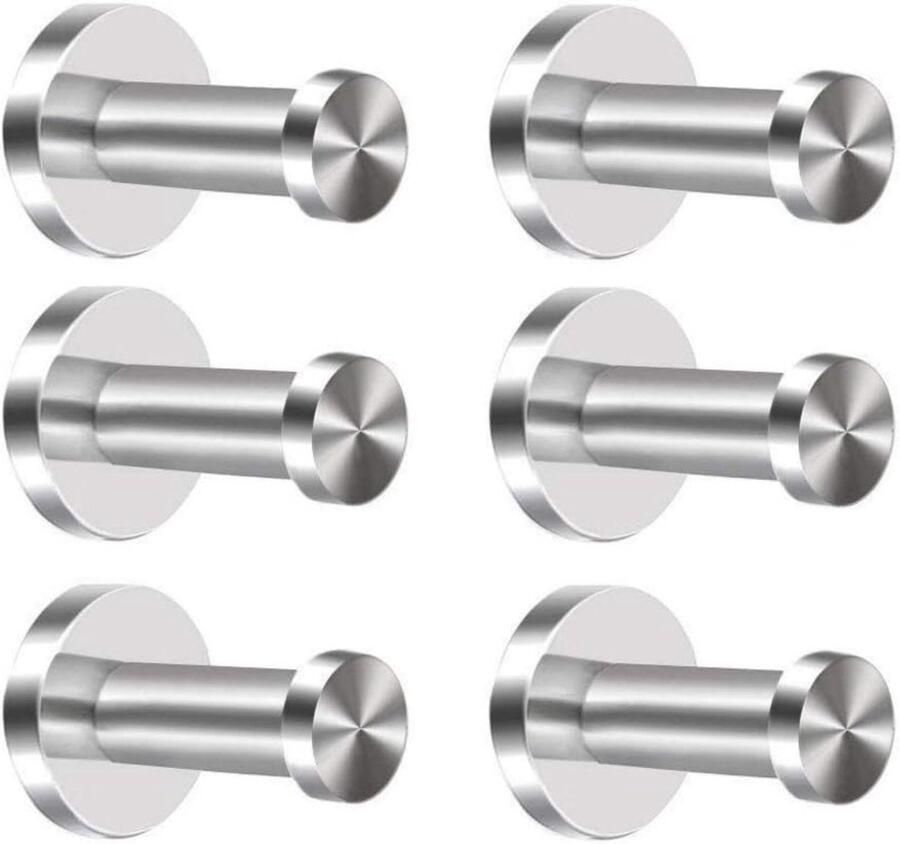 Kapstokhaken 6 stuks kapstokhaken van roestvrij staal 304 Deurhaken voor aan de muur Verchroomde cilindrische handdoekhaken Robuuste kapstokhaken van geborsteld nikkel Voor deuren badkamers toiletten en kasten (5 cm)