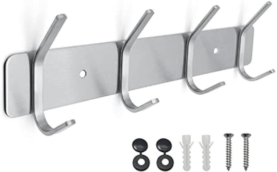Kapstokhaken aan de muur zware kapstok roestvrijstalen wandhaken voor gewaad hoeden kleding hangbags en portemonnee metalen sleutelhaken met 4 hangers rails zilver