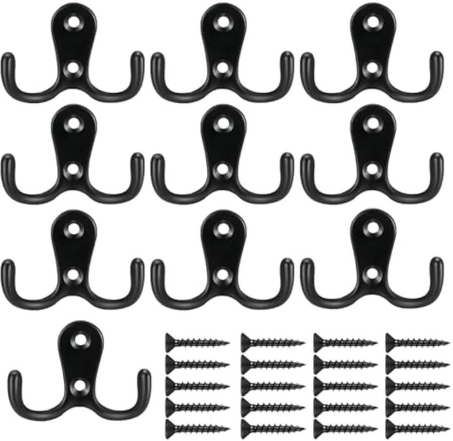 Kapstokhaken met dubbele pen 10 stuks kapstokhaken met schroeven dubbele kapstokhaken wandmontage zwarte kapstokhaken voor het ophangen van zware metalen haken voor het ophangen van gewaad