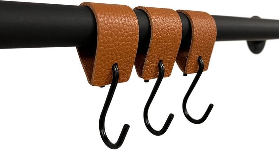 Kapstokhaken met leren lus Cognac 3 stuks S-haken 12 5 cm x 3 cm kapstok jassen broeken kledingrek leer leren riem kapstokhaak slagershaak multifunctionele haak
