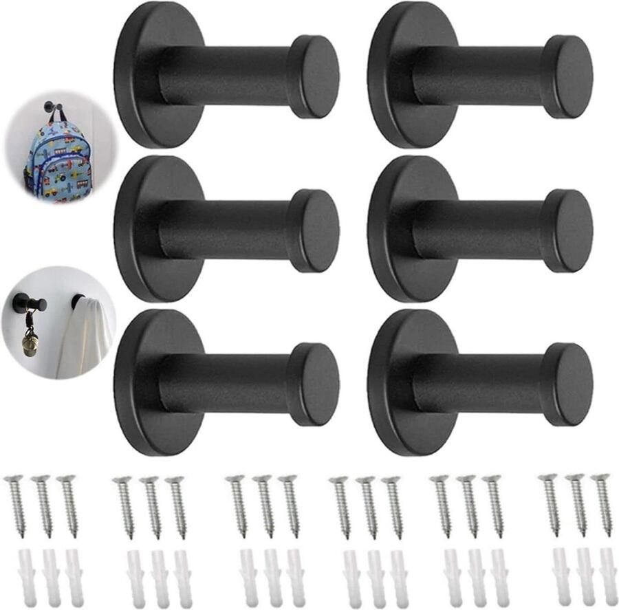 Kapstokhaken Roestvrij Staal 6pcs Zwart Wandhanger-Handdoekhaken-Badjashaak-Kapstok-Kledinghaken-Garderobehaken-Wandhaken voor Badkamer-Keuken-Kast Kapstok