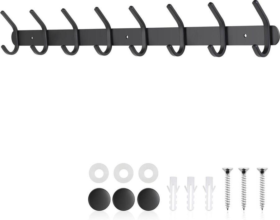 Kapstokhaken roestvrij staal kledinghaken muur 8 haken metaal garderobelijst sleutelhaken hoed jas handdoek portemonnee zwart