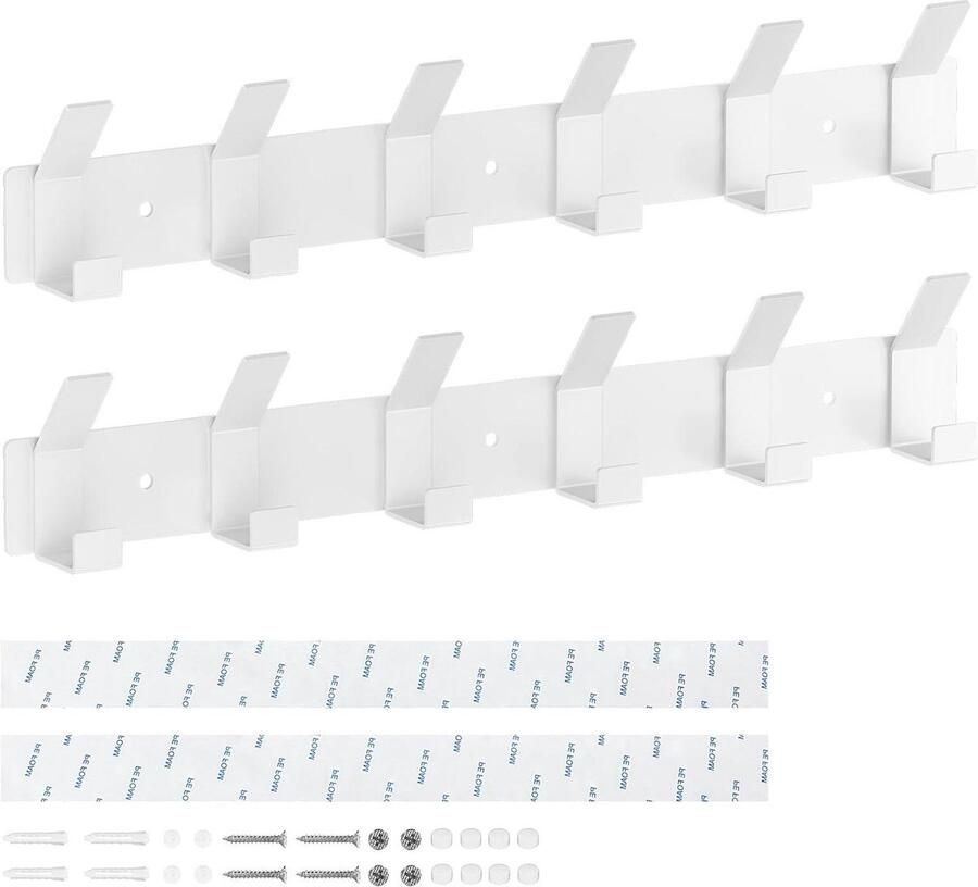 Kapstokhaken Set van 2 Mat Wit Garderobelijst met 6 Haken Metalen Kledinghaken Voor Slaapkamer Badkamer en Keuken