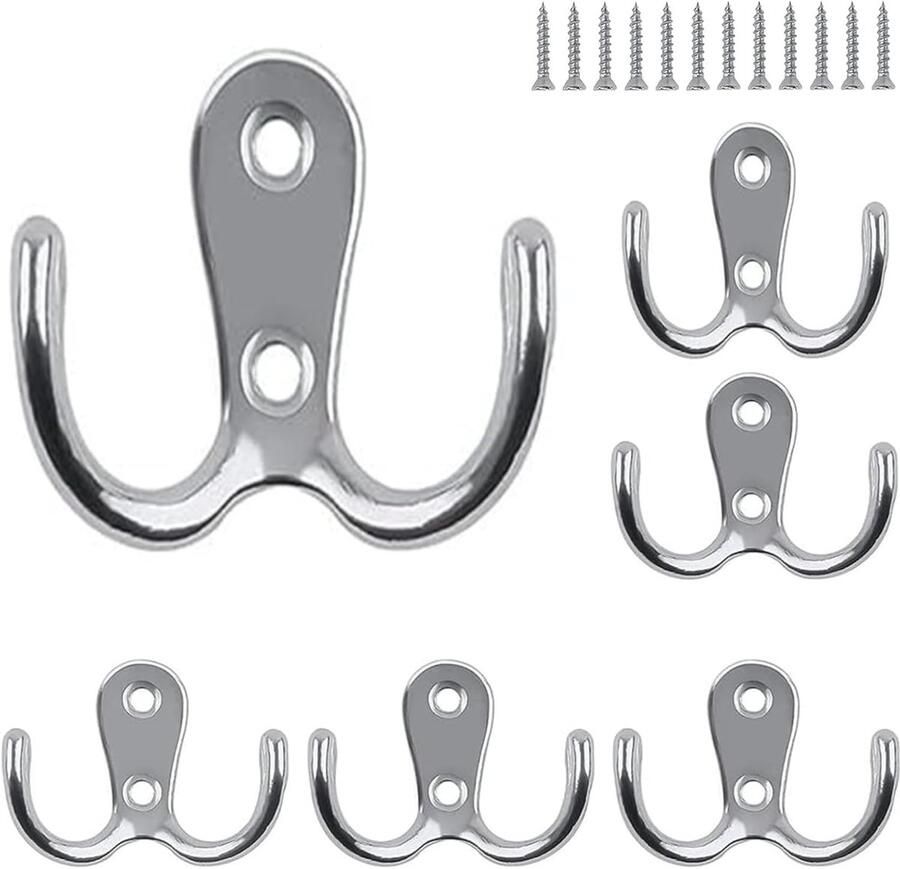 Kapstokhaken Set van 6 Vintage Metalen Kapstokhaken Dubbele Wandhaak met 12 Schroeven voor Badkamer Keuken en Slaapkamer (Zilver) Kapstokhaak Haak Dubbele Haak 5x4cm Metalen Wandhaak Haak Wandhaak Handdoekhaak