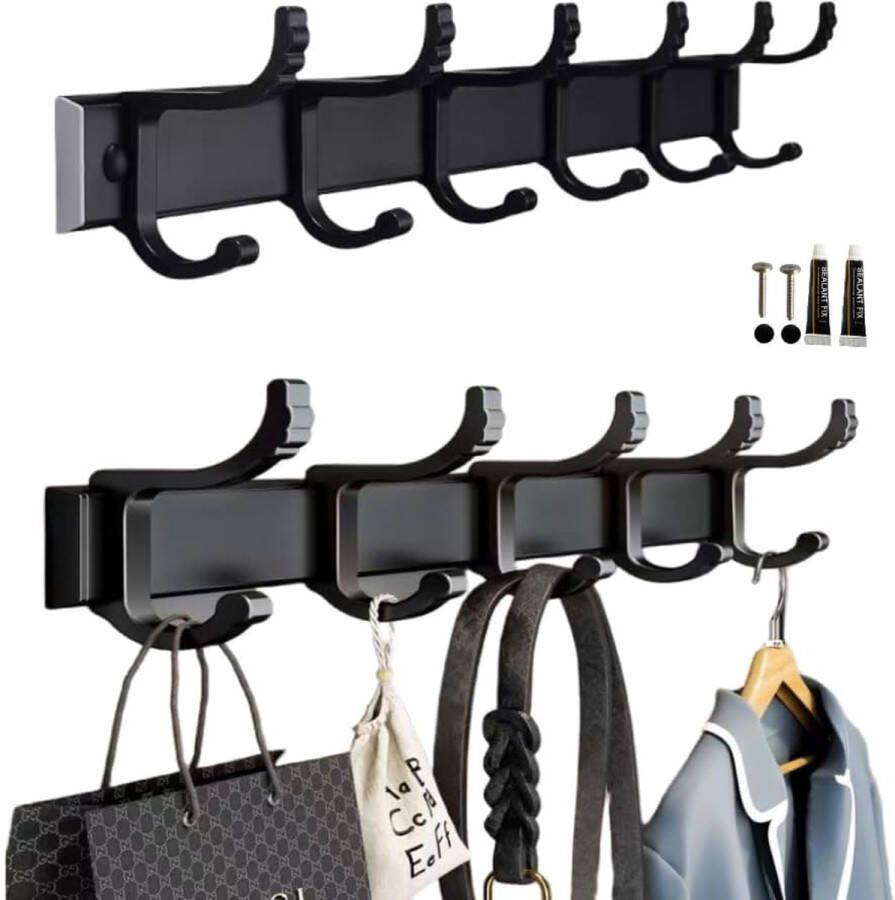 Kapstokhaken voor aan de muur kapstok voor wandmontage beweegbare haken hoedenhaken en hoedenplank met 5 haken voor ingang badkamer slaapkamer 2 stuks (zwart)