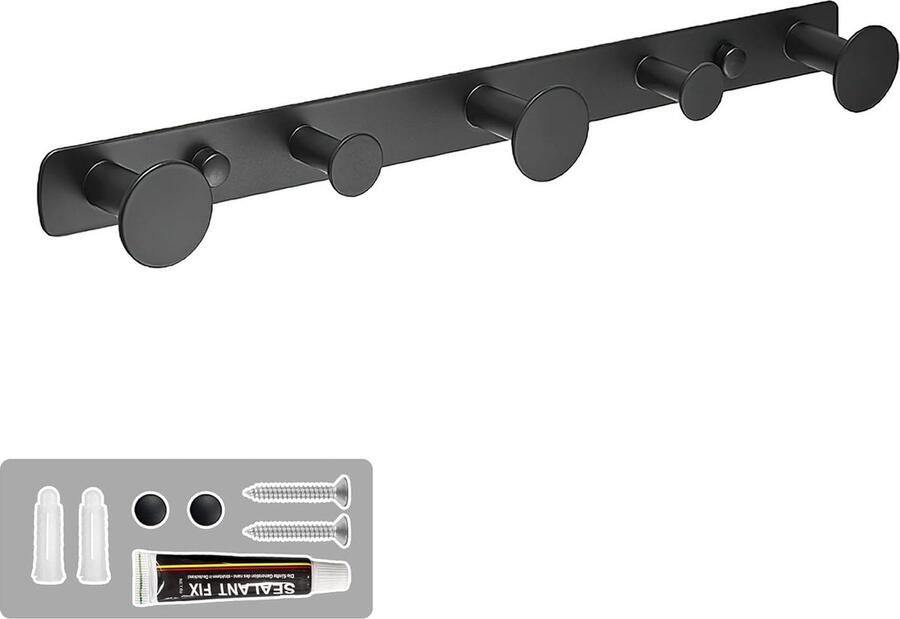 Kapstokhaken voor aan de muur met 5 haken zwart mat kledinghaken zonder boren jashaken muur roestvrij staal garderobehaken rond voor jassen mantels sjaals handtassen