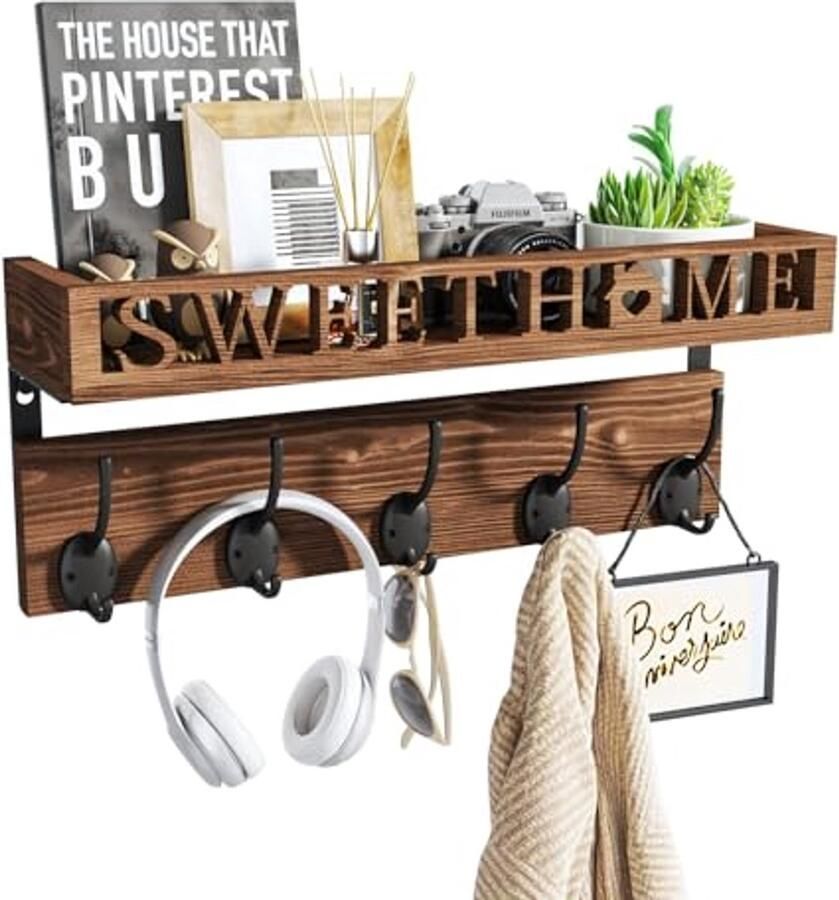 Kapstokhaken voor Wandmontage met Houten Plank en 5 Dubbele Haken Multifunctionele Oplossing voor Jassen en Kleding