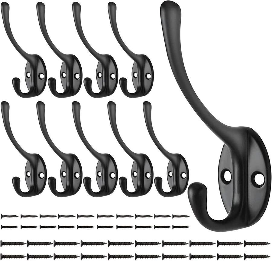 Famanu Zwarte kapstokhaken 10 stuks vintage zware wandmontage dubbele haak met 40 schroeven voor het ophangen van jas hoed handdoek sjaal tas sleutel pet beker