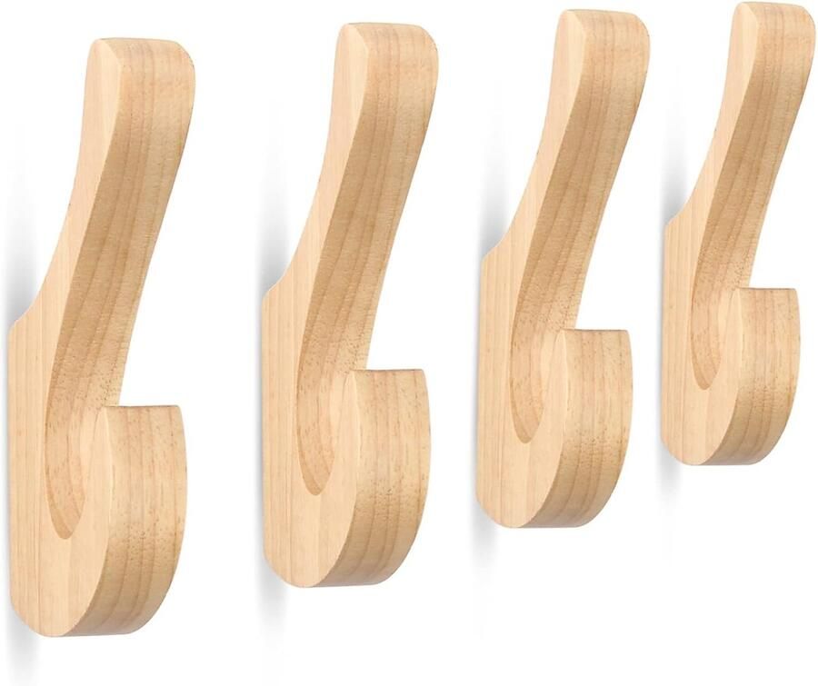 Kapstokhaken_set van 4Pcs Houten Jashaken Dubbele Kledinghaken_Natuurlijk