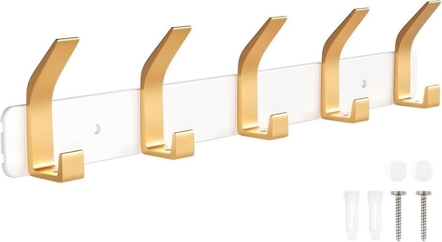 Kapstokhaken wandmontage geschikt voor jassen en tassen 5 stuks wit en goud