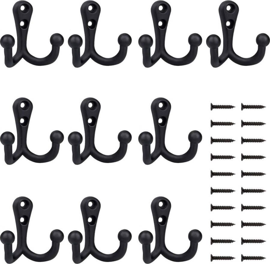 Kapstokken 10 stuks Vintage Zwarte Dubbele Wandhaken met 20 Schroeven voor Kapstokken Badkamer Keuken Kantoor