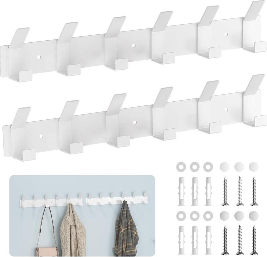 Kapstokken 2-pack Wandkapstokken met 6 haken Hakenrek Wit roestvrijstalen kapstok Wandkapstok voor badkamer keuken woonkamer en hal