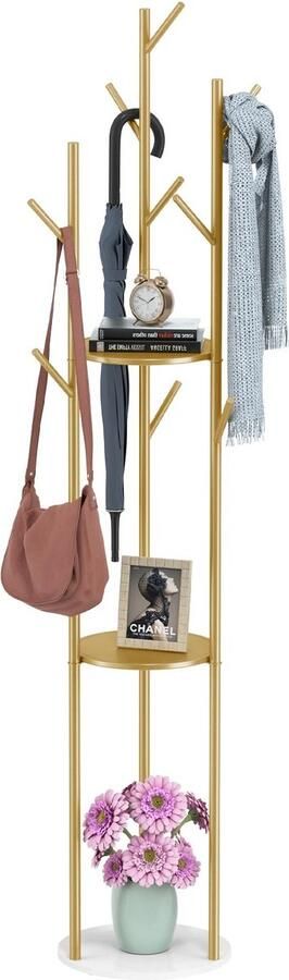Merkloos Kapstok Staand Kapstokken Vrijstaande Kapstok Metalen Kapstok Met Marmelook Voet en Legplanken 9 Haken L 31.7 x B 31.7 x H 172.5 cm Goud - Foto 2