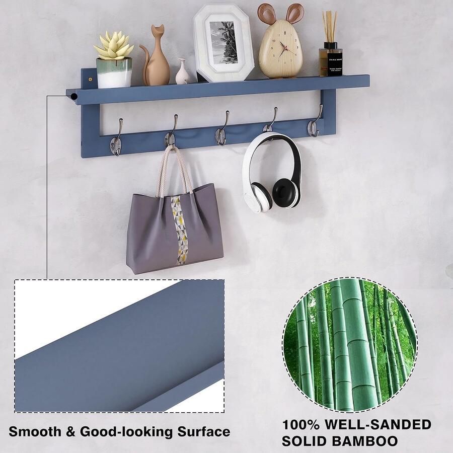 Kapstokken met plank aan de muur 74 cm kapstok voor aan de muur bamboe hangende plank met 5 dubbele metalen haken voor badkamer slaapkamer keuken woonkamer mudroom (grijs)