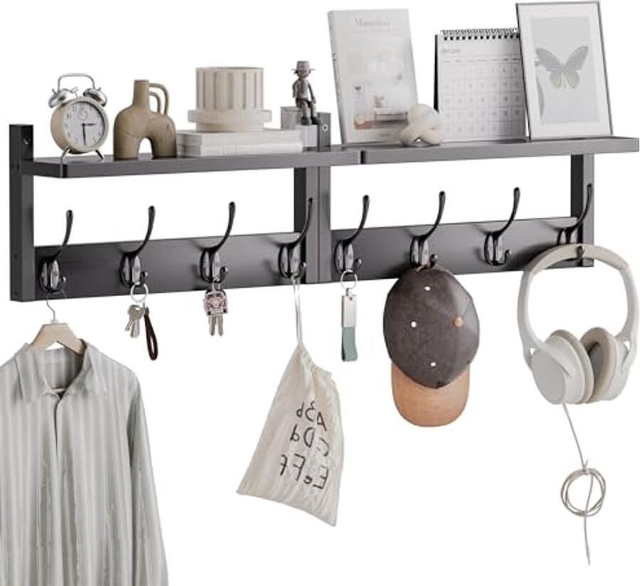 Kapstokken met Plank Wandmontage 2 Stuks Bamboe Wandkapstok met 8 Haken voor Hal Keuken Badkamer Woonkamer