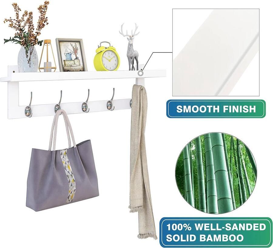 Kapstokken met Plank Wandmontage 74 cm Entree Kapstok voor Muur Bamboe Hangende Plank met 5 Dubbele Metalen Haken voor Badkamer Slaapkamer Keuken Woonkamer Mudroom (Wit)