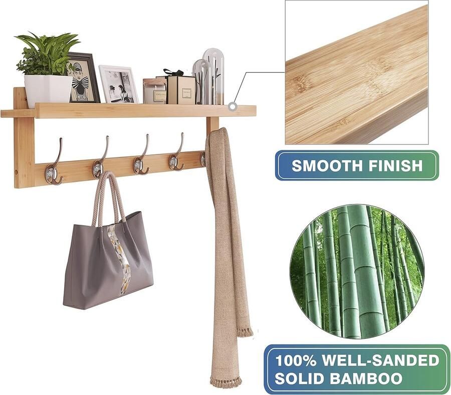 Kapstokken met Plank Wandmontage 74 cm Hal Kapstok voor Muur Bamboe Hangende Plank met 5 Dubbele Metalen Haken voor Badkamer Slaapkamer Keuken Woonkamer Mudroom (Naturel)