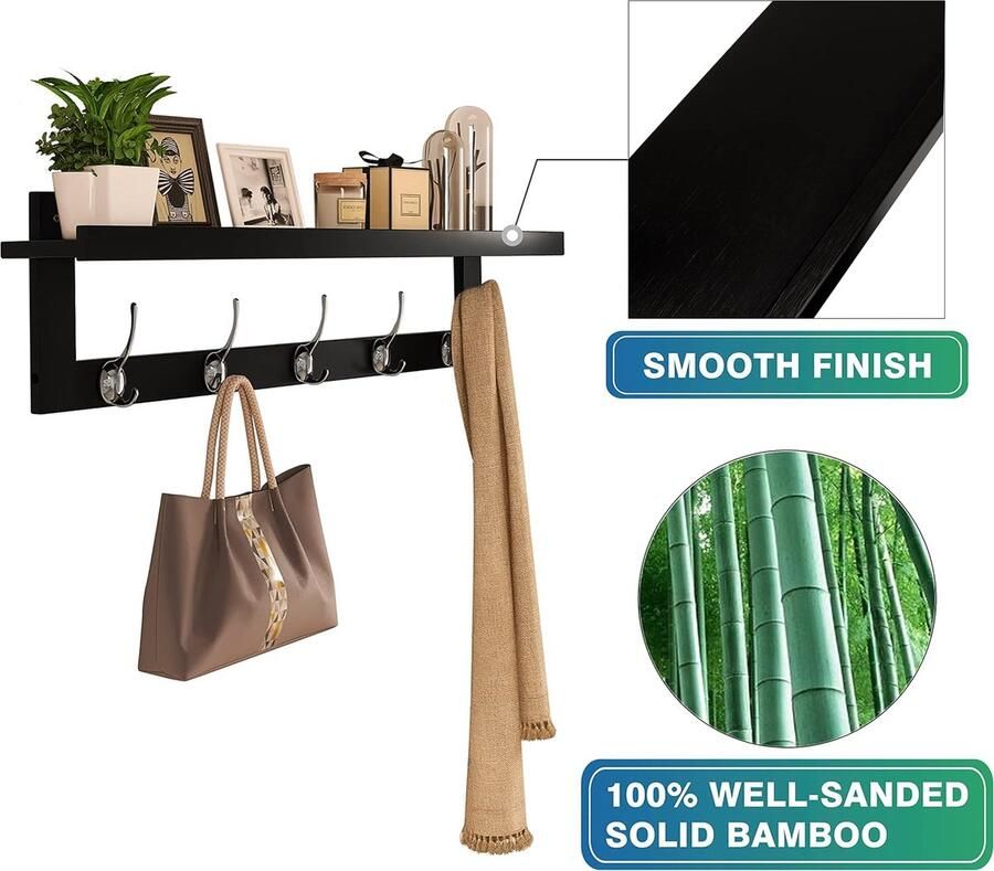 Kapstokken met Plank Wandmontage 74 cm Hal Kapstok voor Muur Bamboe Hangende Plank met 5 Dubbele Metalen Haken voor Badkamer Slaapkamer Keuken Woonkamer Mudroom (Zwart+Zilver)