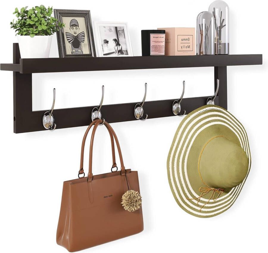 Kapstokken met wandmontage 29 2 inch kapstok voor muur bamboe hangende plank met 5 dubbele metalen haken voor badkamer slaapkamer keuken woonkamer modderdroom (donkerbruin)