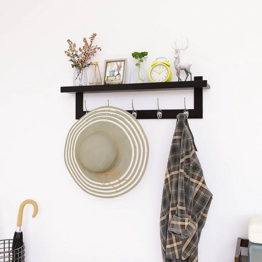 Kapstokken met wandmontage 29 2 inch kapstok voor muur bamboe hangende plank met 5 dubbele metalen haken voor badkamer slaapkamer keuken woonkamer modderdroom (zwart)